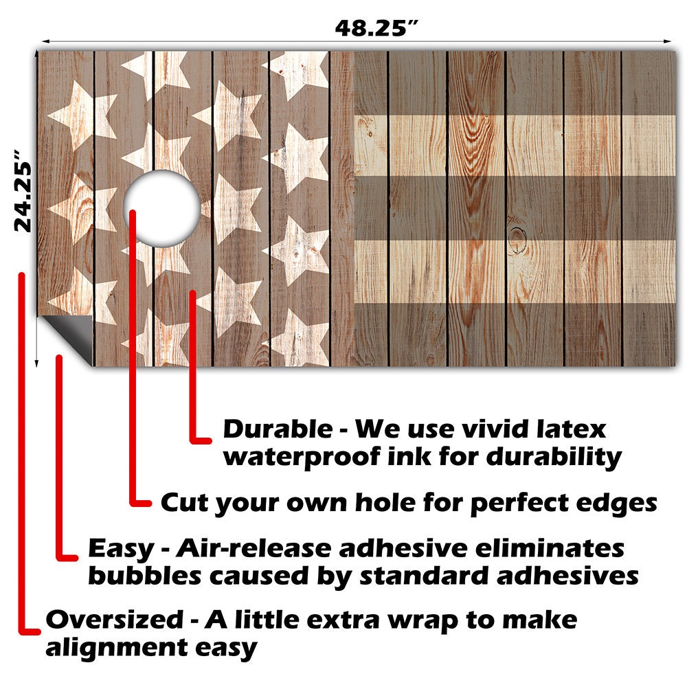 Set of 2 Cornhole Wraps for Board Vinyl Decals - Bean Bag Toss Wrap Stickers Skins Board Not Included Brown Stars & Stripes American Flag