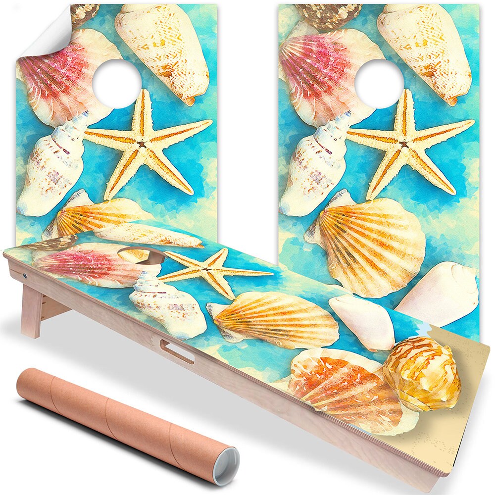 Cornhole Board Wraps and Decals for Boards Set of 2 Skins Professional Vinyl Covers Sticker - Starfish on Beach Art Decal