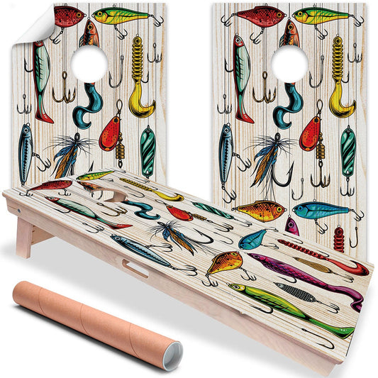 Cornhole Board Wraps and Decals for Boards Set of 2 Skins Professional Vinyl Covers Sticker - Vintage Style Fishing Lures Art Decal