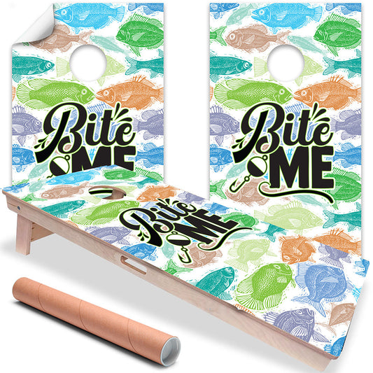 Set of 2 Corn Hole Decal, Bite Me Fishing Beach House Cornhole Board Wrap, Professional Vinyl Cover Sticker, More Designs to Choose From