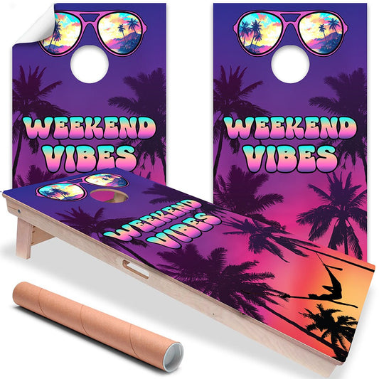 Cornhole Board Wrap and Decal for Boards Set of 2 Skins Professional Vinyl Cover Sticker Tropical Sunset Palms on Beach Decal