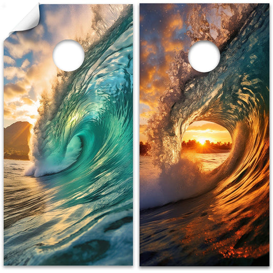 Cornhole Board Wraps and Decals for Boards Set of 2 Skins Professional Vinyl Sticker - Morning and Sundown Tunnel Waves House Decal
