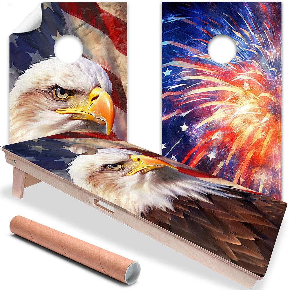 Cornhole Board Wraps and Decals for Boards Set of 2 Skins Professional Vinyl Sticker - USA American Eagle and Fireworks Decal