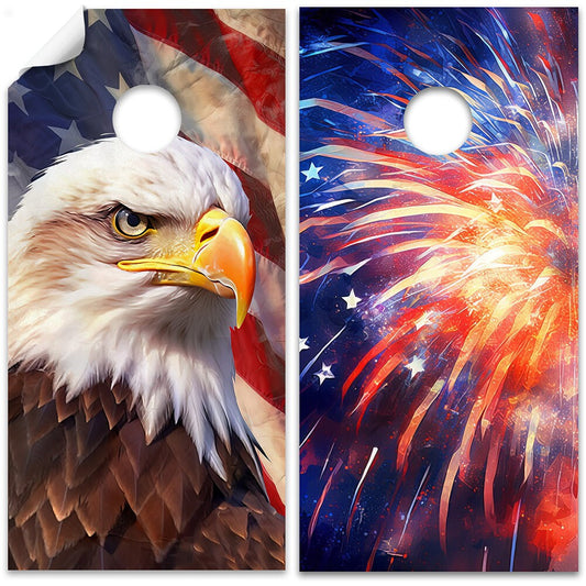 Cornhole Board Wraps and Decals for Boards Set of 2 Skins Professional Vinyl Sticker - USA American Eagle and Fireworks Decal