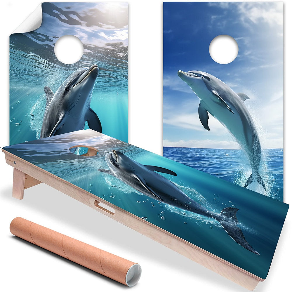 Cornhole Board Wraps and Decals for Boards Set of 2 Skins Professional Vinyl Sticker - Ocean Dolphins Beach House Decal