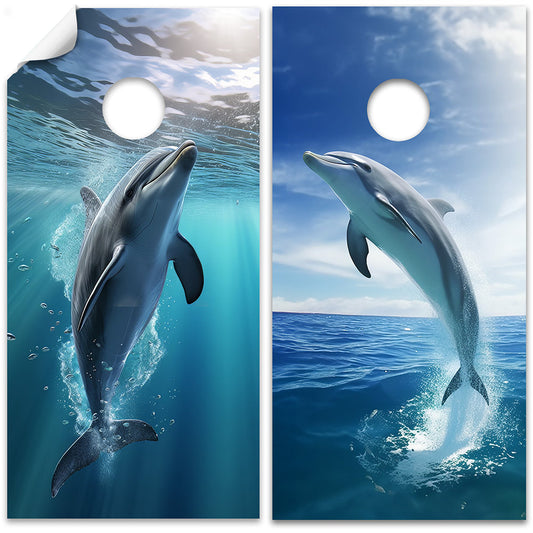Cornhole Board Wraps and Decals for Boards Set of 2 Skins Professional Vinyl Sticker - Ocean Dolphins Beach House Decal
