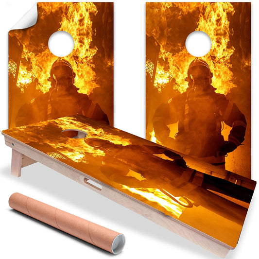 Cornhole Board Wraps and Decals for Boards Set of 2 Skins Professional Vinyl Covers Sticker - Fire Hero and Flames Fire Department Decal