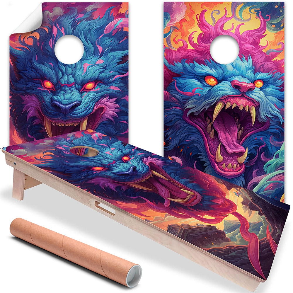 Cornhole Board Wraps and Decals for Boards Set of 2 Skins Professional Vinyl Covers Sticker - Fantasy Mythical Anime Beasts Art Decal