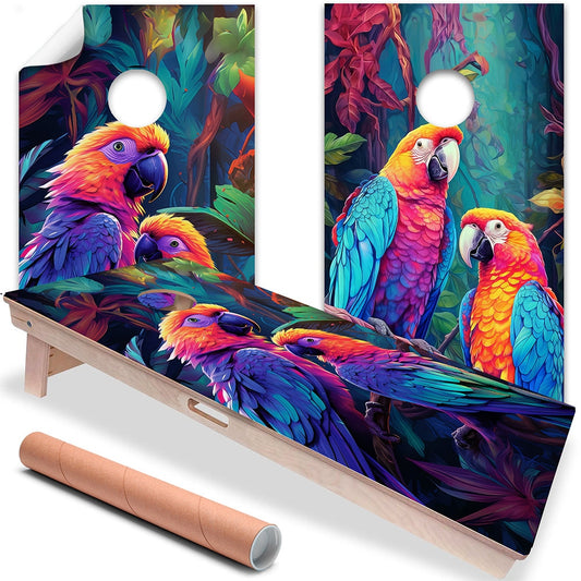 Cornhole Board Wraps and Decals for Boards Set of 2 Skins Professional Vinyl Covers Sticker - Colorful Parrots Art Decal