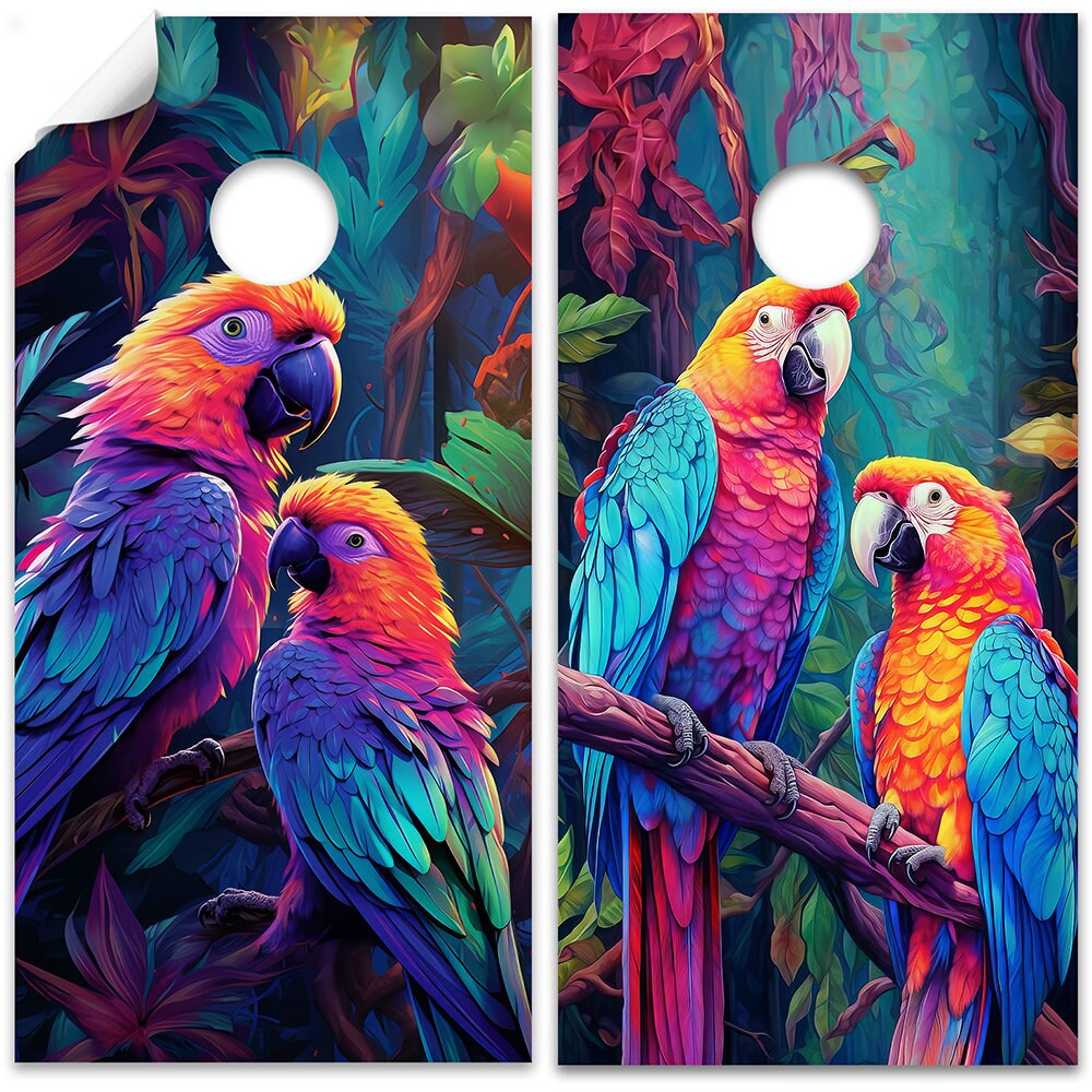 Cornhole Board Wraps and Decals for Boards Set of 2 Skins Professional Vinyl Covers Sticker - Colorful Parrots Art Decal