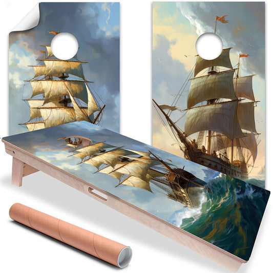 Cornhole Board Wraps and Decals for Boards Set of 2 Skins Professional Vinyl Covers Sticker - Vintage Sailing Ships Painting Style Art Decal