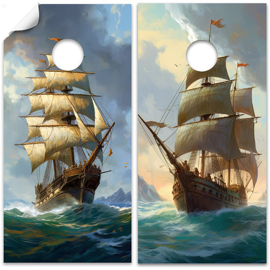 Cornhole Board Wraps and Decals for Boards Set of 2 Skins Professional Vinyl Covers Sticker - Vintage Sailing Ships Painting Style Art Decal