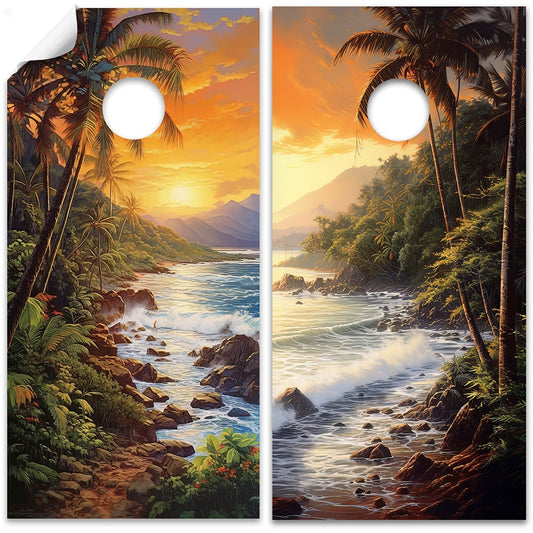 Cornhole Board Wraps and Decals for Boards Set of 2 Skins Professional Vinyl Covers Sticker - Tropical Beaches Painting Beach House Decal