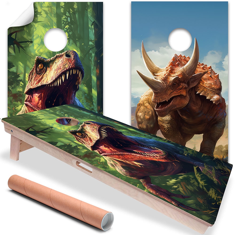 Cornhole Board Wraps and Decals for Boards Set of 2 Skins Professional Vinyl Covers Sticker - T-Rex and Triceratops Dinosaur Art Decal