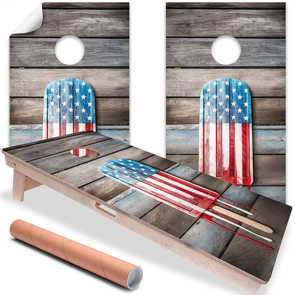 Cornhole Board Wraps and Decals for Boards Set of 2 Skins Professional Vinyl Sticker - USA American Flag Popsicle House Decal