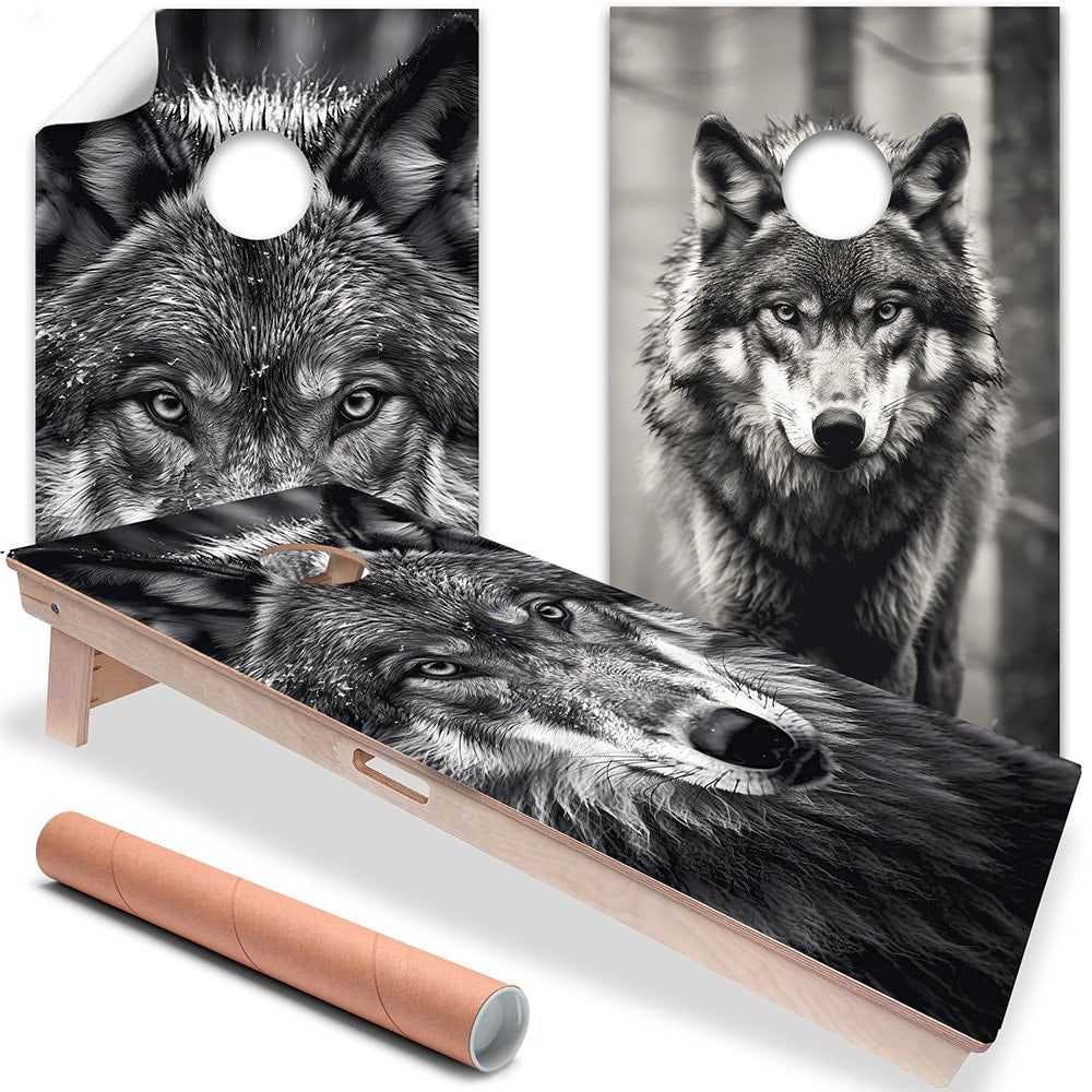 Cornhole Board Wraps and Decals for Boards Set of 2 Skins Professional Vinyl Sticker - Black and White Wolves Portrait House Decal