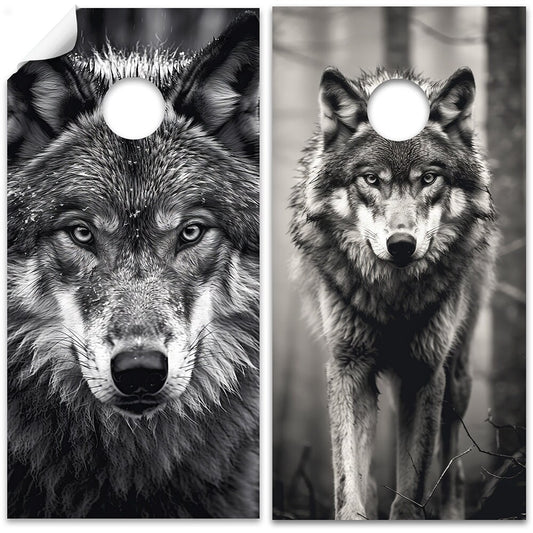 Cornhole Board Wraps and Decals for Boards Set of 2 Skins Professional Vinyl Sticker - Black and White Wolves Portrait House Decal