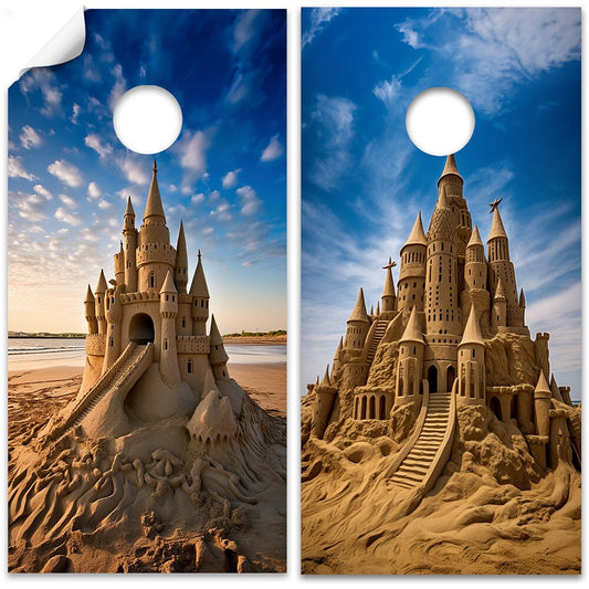 Cornhole Board Wraps and Decals for Boards Set of 2 Skins Professional Vinyl Sticker - Sand Castles Beach House Decal