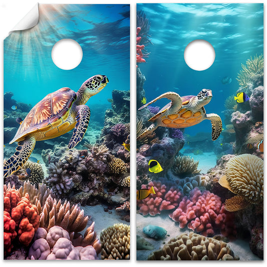 Cornhole Board Wraps and Decals for Boards Set of 2 Skins Professional Vinyl Sticker - Sea Turtles in Ocean Under Sea World Beach Decal