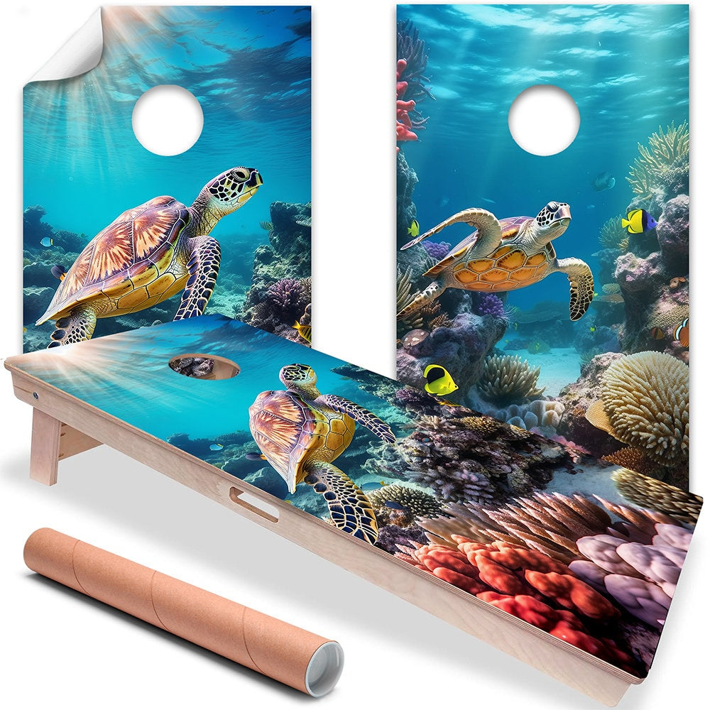 Cornhole Board Wraps and Decals for Boards Set of 2 Skins Professional Vinyl Sticker - Sea Turtles in Ocean Under Sea World Beach Decal