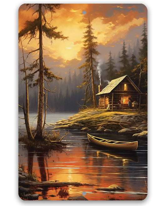 Tin - Cabin on the Lake Painting Art-Metal Sign-8"x12"/12"x18"-indoor/outdoor -Shed or Shak Decor and Housewarming Gift for Outdoorsy People