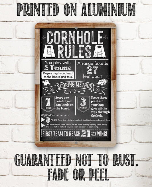 Tin - Cornhole Rules-Chalkboard Style-Metal Sign-Choose 8"x12" or 12"x18" Indoor or Outdoor -Backyard Playground and Event Competition Decor