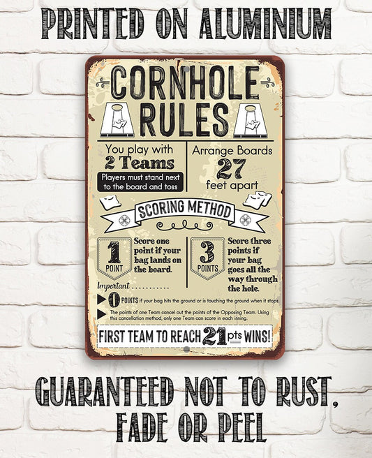 Tin - Cornhole Rules - Rustic Style - Metal Sign-Choose 8"x12" or 12"x18" Indoor or Outdoor -Backyard Playground and Event Competition Decor