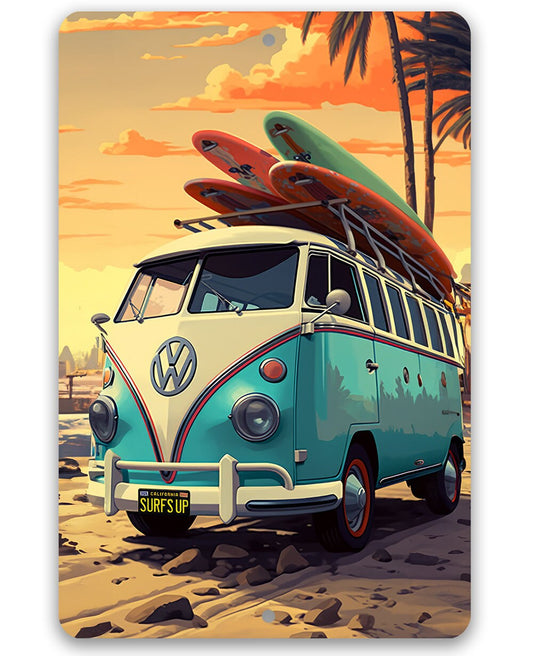 Tin - Surf's Up Van - Beach House and Summer Surfing Decor - Durable Metal Sign - 8" x 12" or 12" x 18" Aluminum Awesome Metal Poster