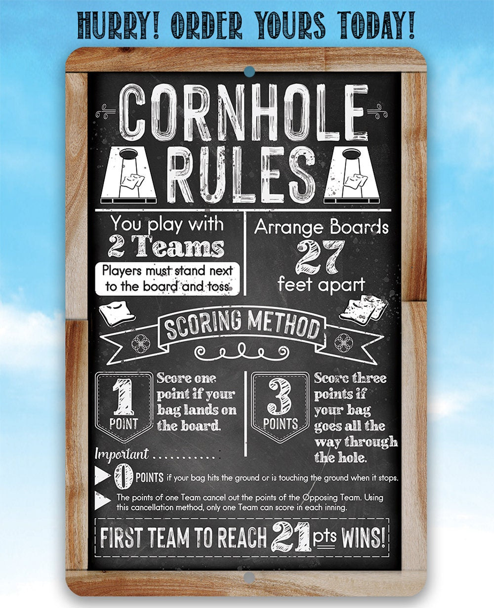 Tin - Cornhole Rules-Chalkboard Style-Metal Sign-Choose 8"x12" or 12"x18" Indoor or Outdoor -Backyard Playground and Event Competition Decor