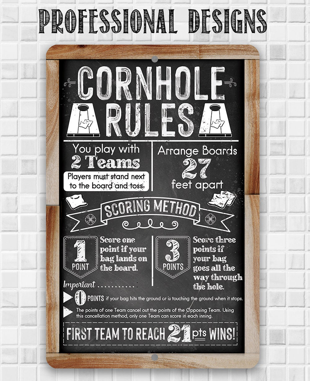 Tin - Cornhole Rules-Chalkboard Style-Metal Sign-Choose 8"x12" or 12"x18" Indoor or Outdoor -Backyard Playground and Event Competition Decor