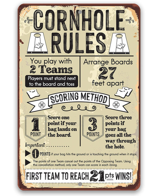 Tin - Cornhole Rules - Rustic Style - Metal Sign-Choose 8"x12" or 12"x18" Indoor or Outdoor -Backyard Playground and Event Competition Decor
