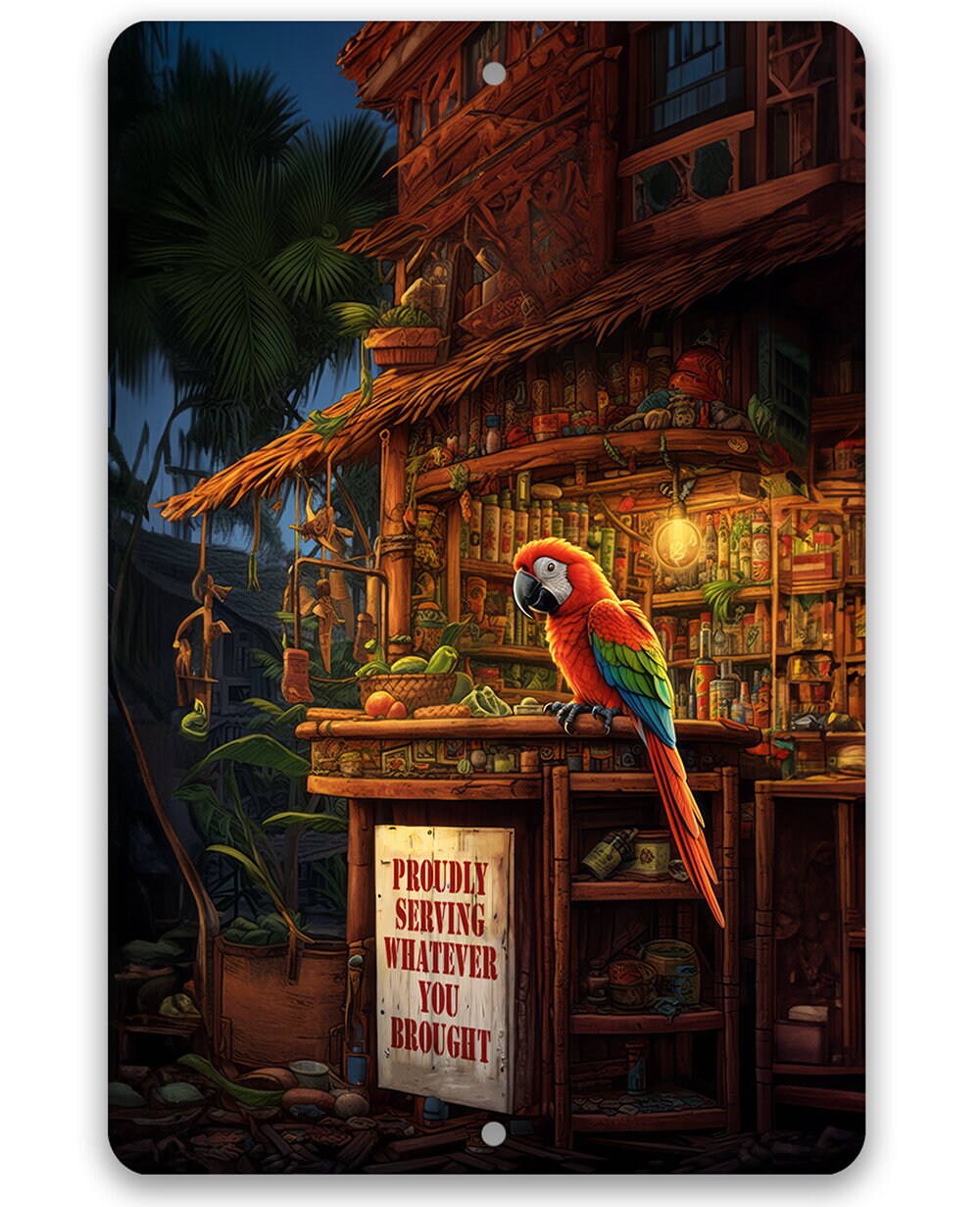 Tin - Tiki Parrot Bars - Durable 8"x12" or 12"x18" Metal Signs - Indoor or Outdoor - Makes a Great Gift and Funny Decor