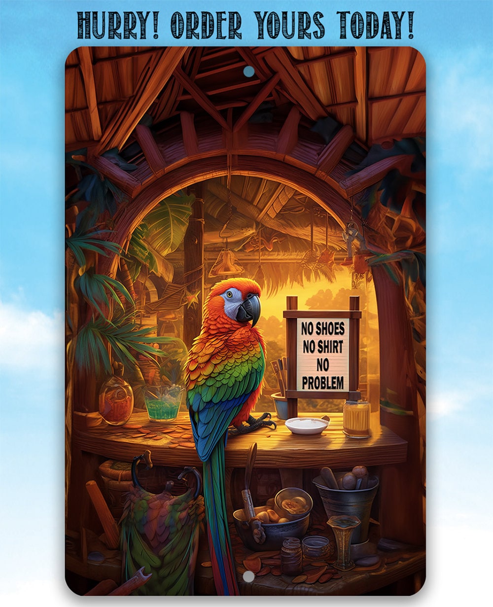Tiki Bars Parrot - Metal Sign - 8"x12" or 12"x18" - Indoor or Outdoor - Beach Bar, Poolside, Patio, Tiki Bar, Classic Cocktail Drinks Sign