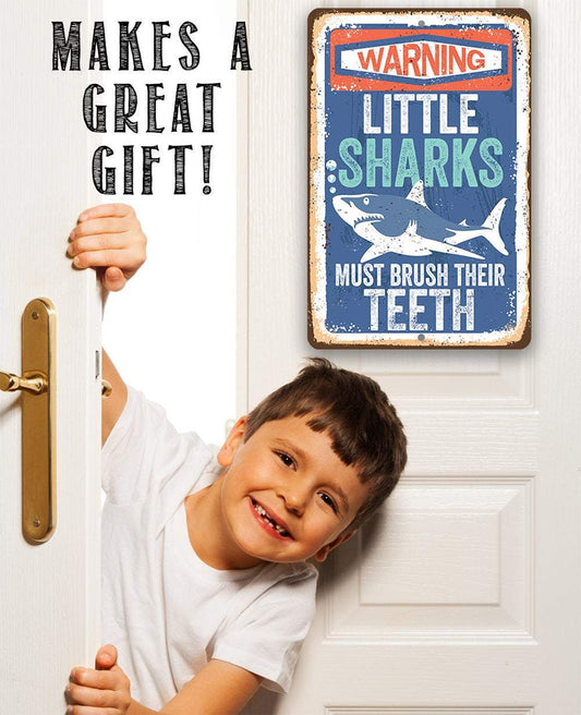 Little Sharks Brush Teeth - Metal Sign | Lone Star Art.
