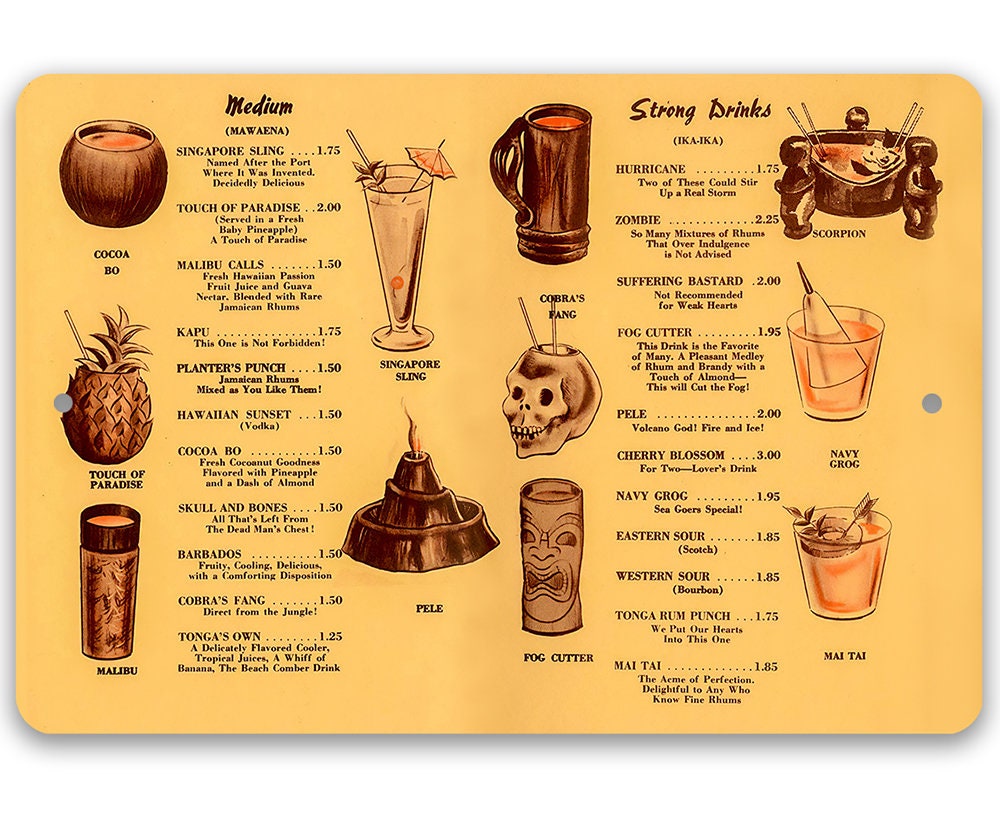 Metal Sign - Tiki Drinks Menu Sign - 8"x12" or 12"x18" - Durable Tin - Use Indoor/Outdoor - Makes a Great Bar Decor and Housewarming Gift Lone Star Art 