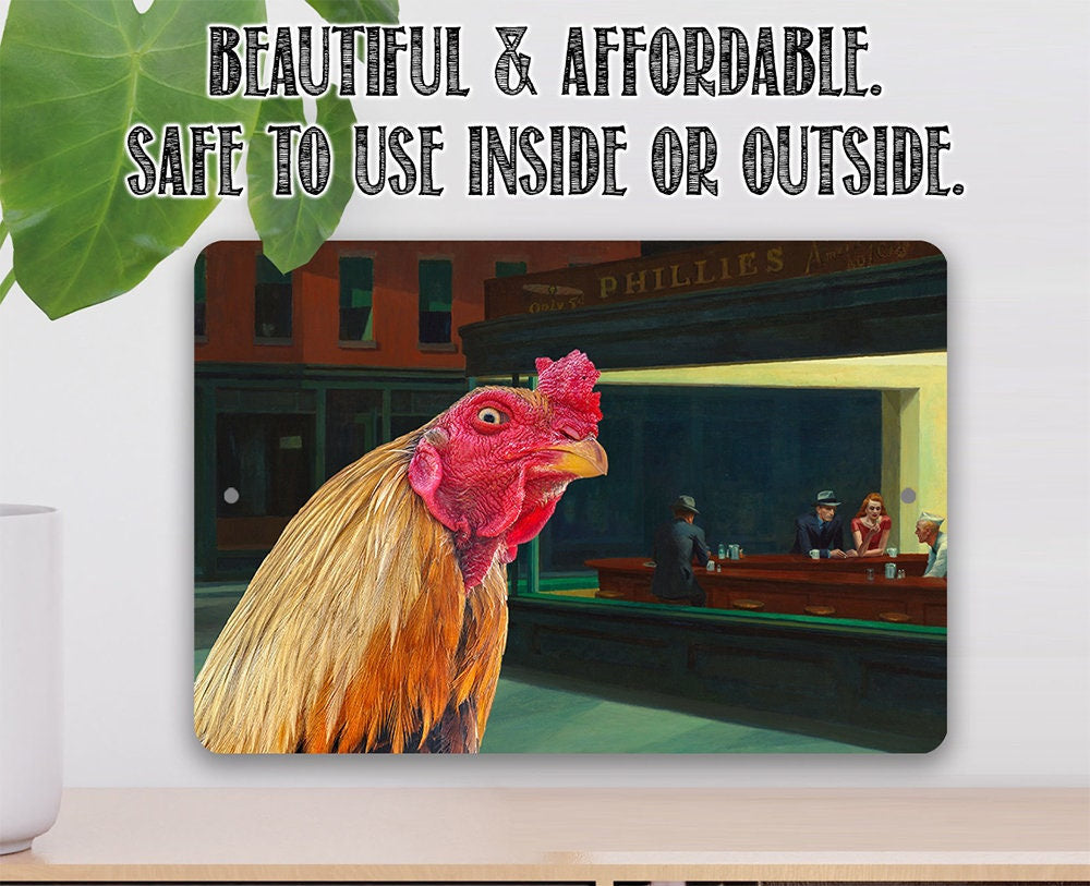 Nighthawks Painting - Interrupted by Rooster - Metal Sign Metal Sign Lone Star Art 