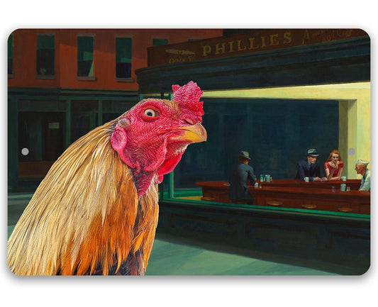 Nighthawks Painting - Interrupted by Rooster - Metal Sign Metal Sign Lone Star Art