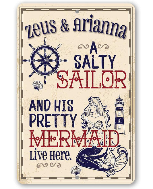 Personalized - A Salty Sailor and Pretty Mermaid - Metal Sign | Lone Star Art.