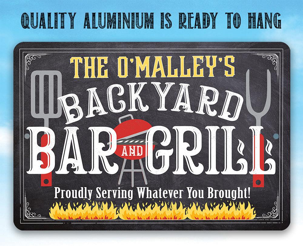 Personalized - Backyard Bar and Grill (Chalkboard Look) - Metal Sign | Lone Star Art.