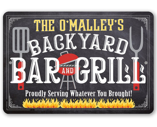 Personalized - Backyard Bar and Grill (Chalkboard Look) - Metal Sign | Lone Star Art.