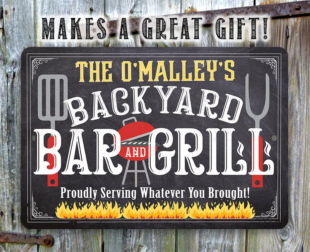 Personalized - Backyard Bar and Grill (Chalkboard Look) - Metal Sign | Lone Star Art.