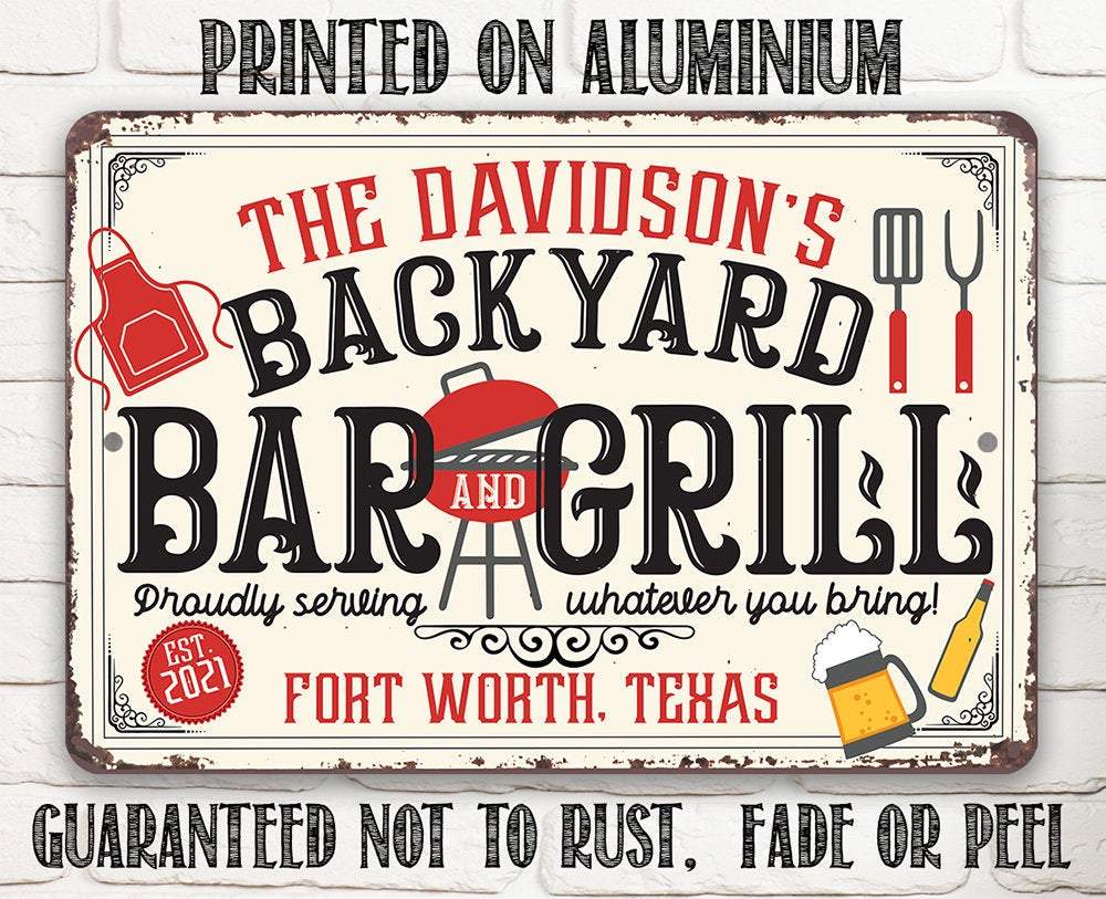 Personalized - Backyard Bar and Grill - Metal Sign | Lone Star Art.