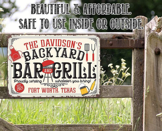 Personalized - Backyard Bar and Grill - Metal Sign | Lone Star Art.