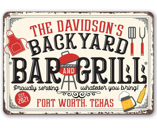 Personalized - Backyard Bar and Grill - Metal Sign | Lone Star Art.