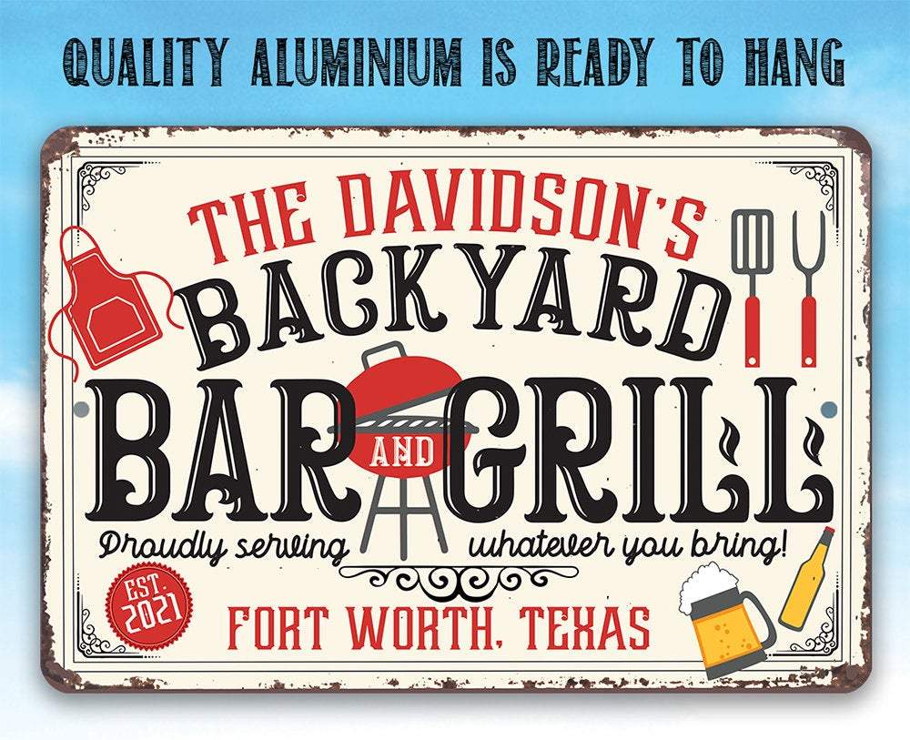Personalized - Backyard Bar and Grill - Metal Sign | Lone Star Art.