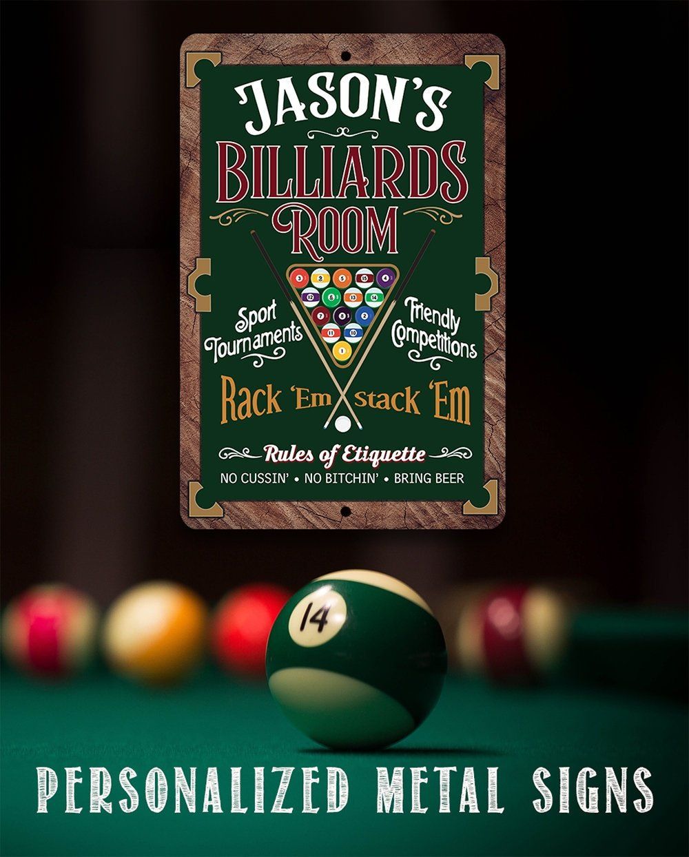 Personalized - Billiards Room Rack"Em Stack 'Em - Metal Sign | Lone Star Art.