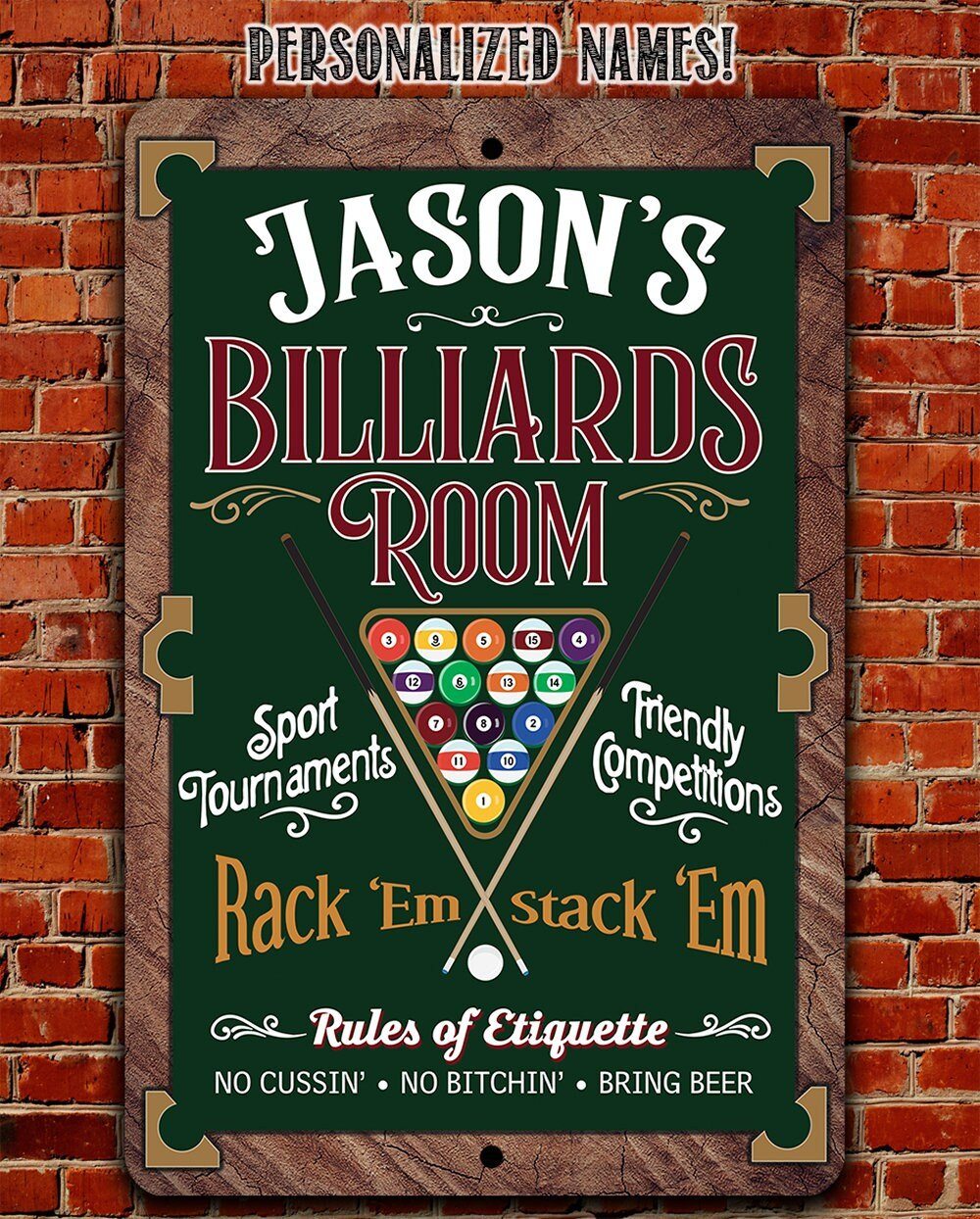 Personalized - Billiards Room Rack"Em Stack 'Em - Metal Sign | Lone Star Art.