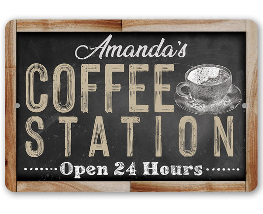 Personalized - Coffee Station Open 24 Hours (Chalkboard Look) - Metal Sign | Lone Star Art.