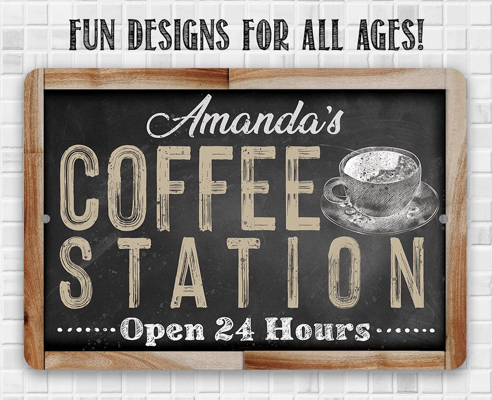 Personalized - Coffee Station Open 24 Hours (Chalkboard Look) - Metal Sign | Lone Star Art.