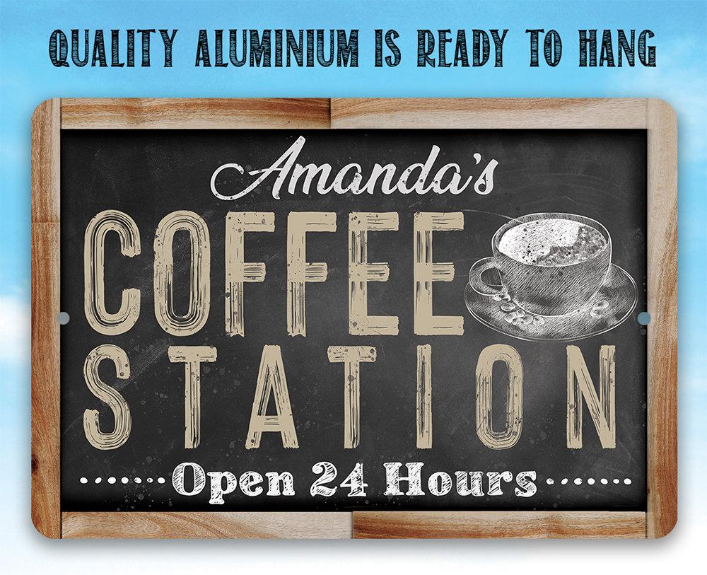 Personalized - Coffee Station Open 24 Hours (Chalkboard Look) - Metal Sign | Lone Star Art.